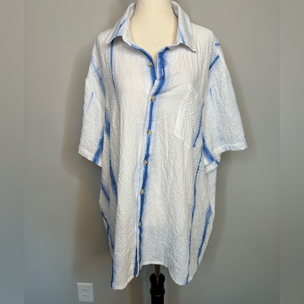 Sz 4XL Hawaiian Shirt white blue waffle lightweight button front